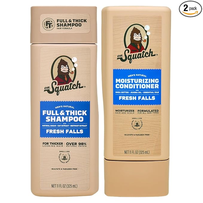 Dr. Squatch Full + Thick Men's Shampoo and Conditioner Set - For Fuller, Thicker-Looking Hair - Natural Shampoo and Conditioner for Men - Fresh Falls (11 fl oz, 2-Pack)