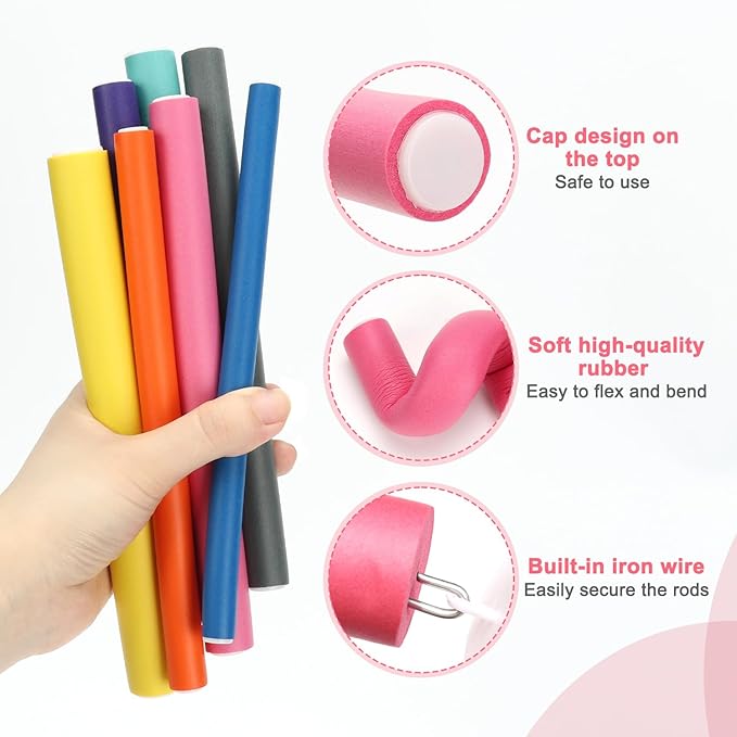 Heatless Hair Curlers 42PCS Flexible Hair Rollers 7" Soft Foam Hair Curlers No Heat Bendable Curling Rods for Short Medium Long Hair, 7 Colors & Sizes