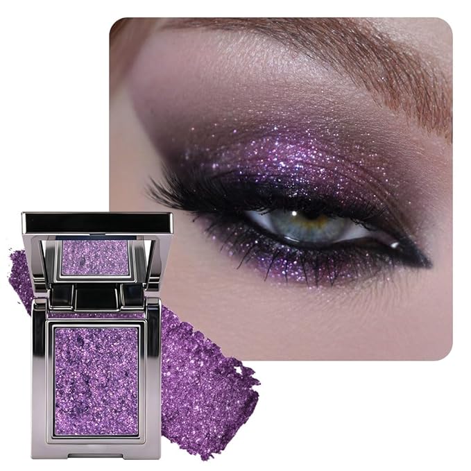 WanTuoluo Sparkly Eyeshadow Palette for Women, Single Monochrome Eye Shadow Makeup, Shiny Pressed Cream Powder, Blendable Natural sombras para ojos, Holographic,Vegan,Travel (08-sparkly-Purple)