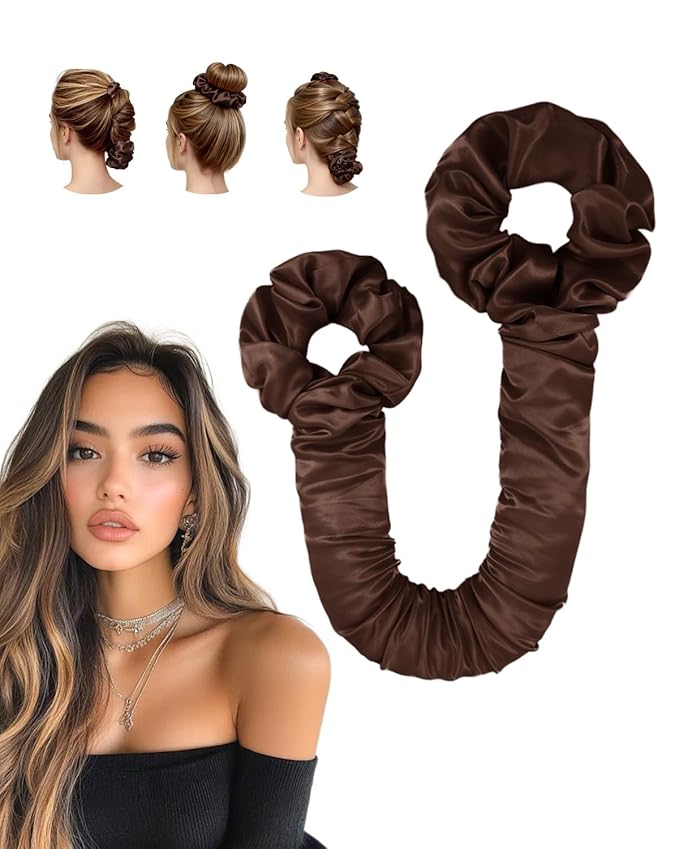 BONNET QUEEN Satin Heatless Hair Curler, Overnight Curls for Long Hair, Ultra Soft Daily Use of Hair Accessories & 2 Scrunchies, Damage-Free Styling, Soft Hair Curlers for Overnight, Brown