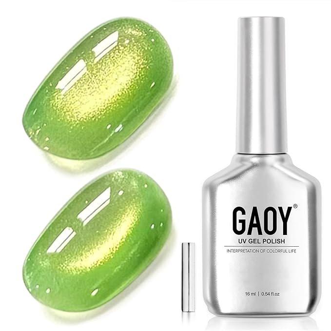 GAOY Green Glassy Cat Eye Gel Nail Polish, 16ml Holographic Gel Polish with Magnet, Reflective Translucent UV Light Cure, 4427 Lime Green