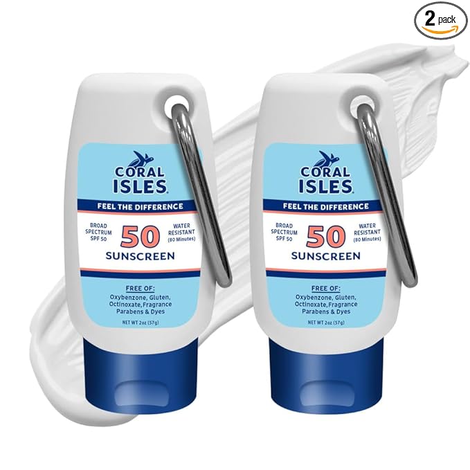 Coral Isles Reef Safe Sunscreen SPF 50 – Hawaii Compliant, Broad Spectrum UVA/UVB Protection, Water Resistant (80 Min), Non-Greasy, No White Cast, Sensitive Skin & Face, 2 Fl Oz (2-Pack)