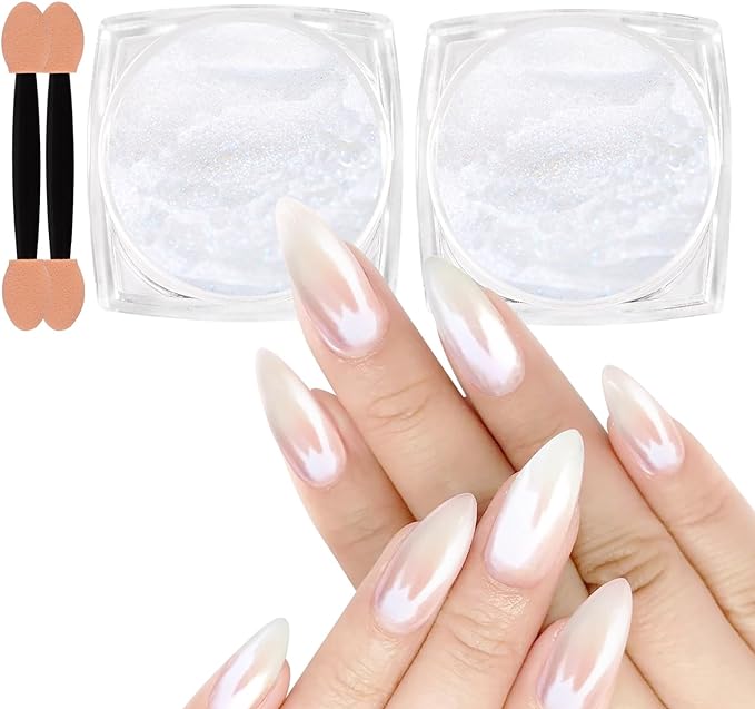 Allstarry White Pearl Chrome Nail Powder, 2pcs Iridescent Aurora Powder Metallic Mirror Effect Glitter Pearlescent Ice Transparent Mermaid Pigment Dust for Gel Polish Nail Art Decoration