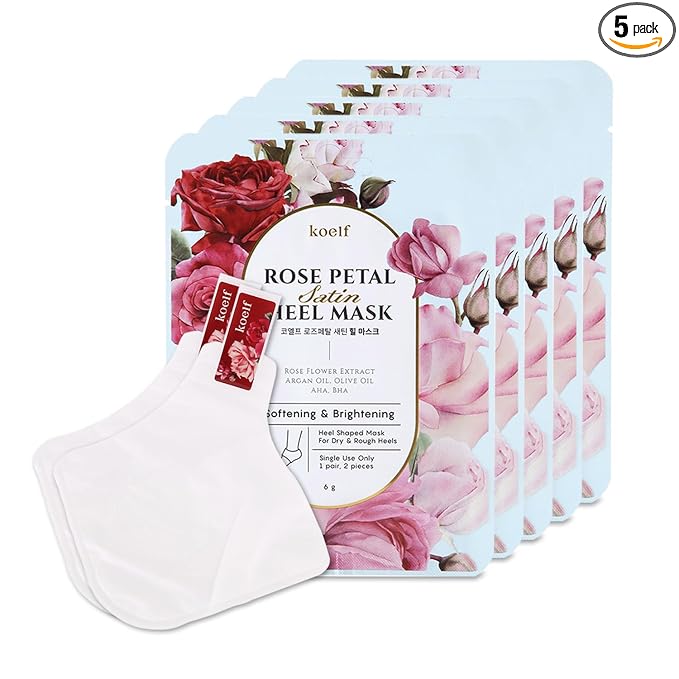 PETITFEE Rose Petal Satin Heel Mask (5pairs) - Moisturizes & Softens Dry and Cracked Heels, Rose Scented Heel Repair Masks with Shea Butter, Urea, BHA, AHA for Smooth Heels, Heel Treatment