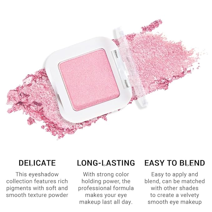 Pink Single Eyeshadow Palette Makeup, Bright Light Pink Rose Glitter Shimmer Sparkle Cream Eye Shadow Palette Makeup for Older Women, High Pigment Waterproof Monochrome Mini Eyeshadow