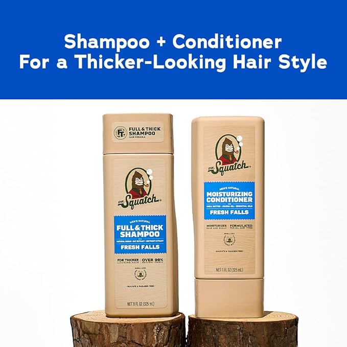 Dr. Squatch Full + Thick Men's Shampoo and Conditioner Set - For Fuller, Thicker-Looking Hair - Natural Shampoo and Conditioner for Men - Fresh Falls (11 fl oz, 2-Pack)