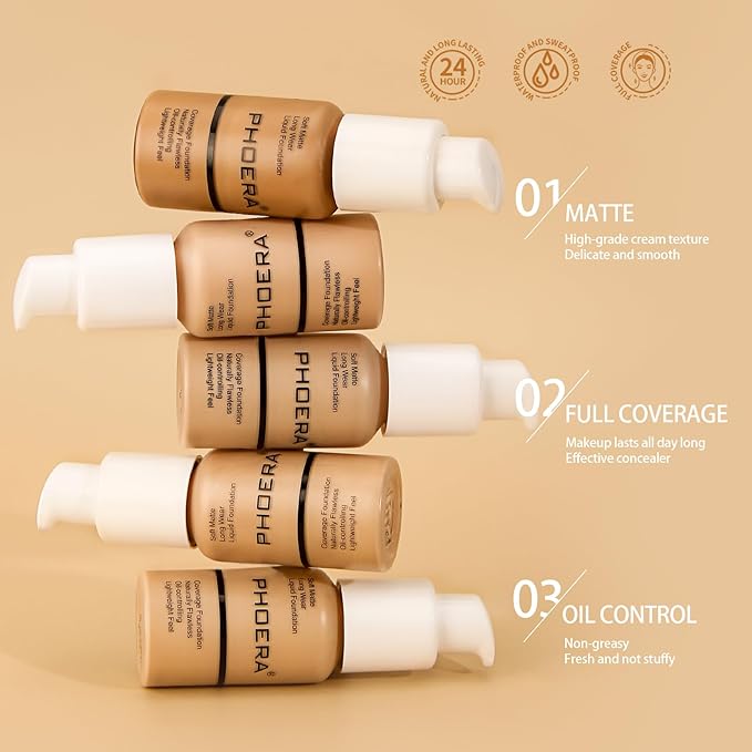 PHOERA Foundation Makeup, Flawless Soft Matte Oil Control Liquid Foundation, Full Coverage Mattle Oil-Control Concealer for Older Women, Great Choice For Gift (#102 Nude(2pcs)）