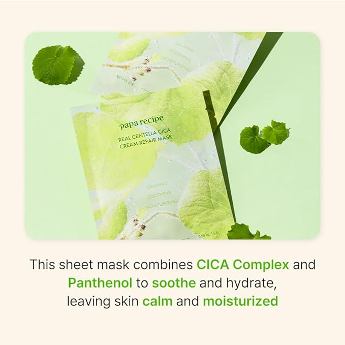 Papa Recipe - Real Centella Cica Cream Repair Mask (27g * 10 Sheets) - Cream Repair Mask, Centella Cica Care, Calming & Moisturizing, Non-Sticky Finish, Korean Skincare