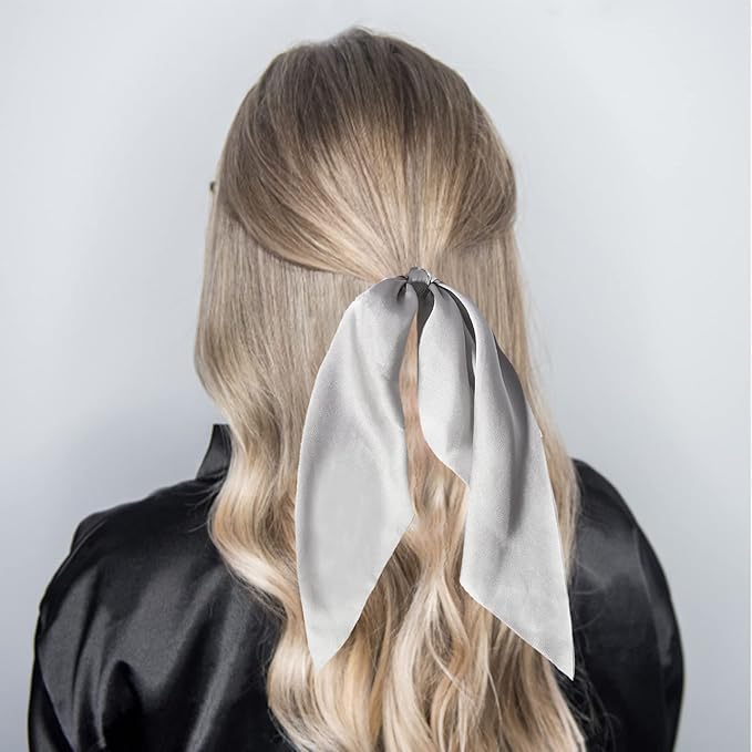 3PCS Hair Scarf Scruncheis for Women Knotted Bow Hair Ties Elastic Bands Satin Hair Ribbon Scrunchy Red Ponytail Holder for Women and Girls (Black White Gray)