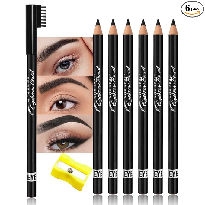 WanTuoluo Eyebrow Pencils for Women with Sharpener, 6Pcs Hard-Core Wooden Eye Brow Eye Liner Pencils for Beginner Makeup, Waterproof & Sweat-Proof (6Pcs-Black)