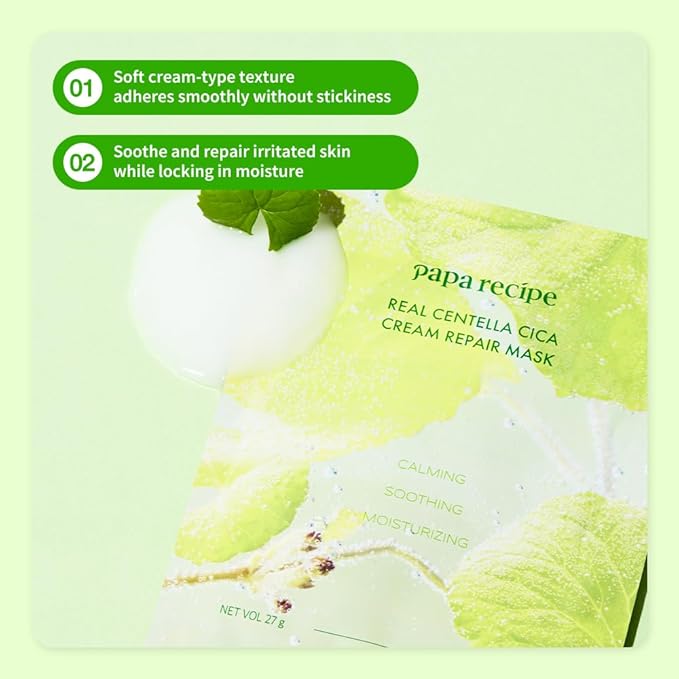 Papa Recipe - Real Centella Cica Cream Repair Mask (27g * 10 Sheets) - Cream Repair Mask, Centella Cica Care, Calming & Moisturizing, Non-Sticky Finish, Korean Skincare