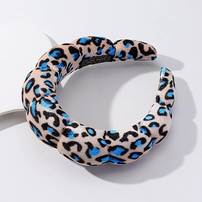 Spa Headbands Puffy Makeup Skincare Headbands for Washing Face or Facial, Terry Cloth Fabric Hairbands for Makeup Removal Shower Skin Treatment(Black/Blue Leopard)