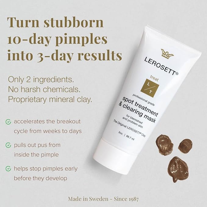 LEROSETT Facial Clay Mask for Balanced, Clear-Looking Skin. Helps Refine Pores & Reduce Excess Oil. 100% Natural, Spa-Grade, Made in Sweden Since 1987