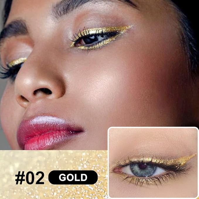 evpct 2Pcs Silver & Gold Glitter Sparkling Liquid Eyeliner, Metallic Shimmer Light Silver Eyeliner Liquid Eye Liner Eyeshadow Pencil Face Body Glitter Makeup, Longwear Waterproof, Eyelashes Mascara