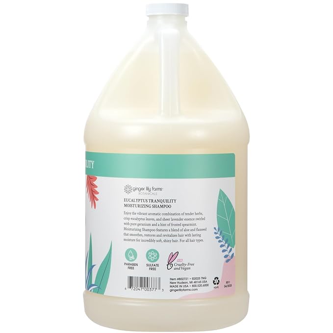 Ginger Lily Farms Botanicals Moisturizing Shampoo for All Hair Types, Eucalyptus Tranquility, 100% Vegan & Cruelty-Free, 1 Gallon (128 fl oz) Refill