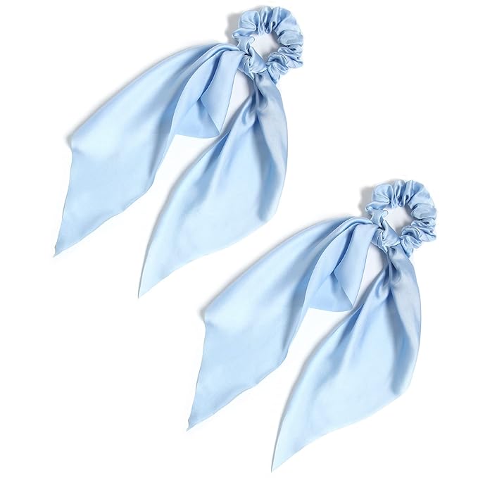 Pack of 2 Knotted Bow Hair Scrunchies Elastic Hair Scarf Hair Ties Bands Satin Hair Ribbon Scrunchy Ponytail Holder for Women and Girls,Hair Scarf Scrunchies with Tail, Hair Accessories (Light Blue)