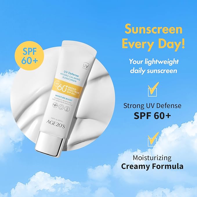 AGE20'S UV Defense Hydro Calming Sunscreen SPF 60+ | Korean Sunscreen | Moisturizing Creamy Formula, No White Cast, Lightweight Finish | Green Tea + Aloe Vera | Dermatest Excellent | 1.69 fl.oz*2ea | UV Defense, Hydro Calming, Korean Sunscreen, No Whit...