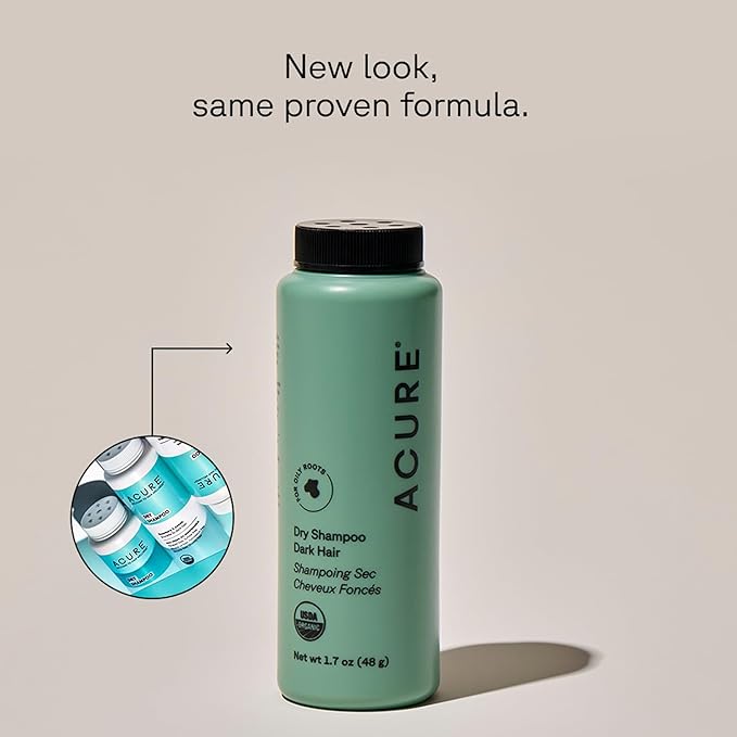 Acure Dry Shampoo - Mini Powder Dry Shampoo for Women with Brunette & Dark Hair, Care to Refresh Treated Color Tinted Hair with Rosemary & Cocoa, Non Aerosol, Clean, 100% Vegan - 1.7 oz Travel Size