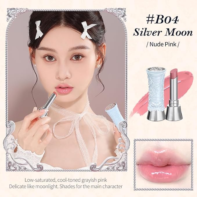Flower Knows Little Angel Cream Blush and Swan Ballet Shine Lip Gloss Stick Set,Buildable & Blendable Dewy Makeup,Soft Long-Lasting Cute Make Up(Blush 04 Rose Ashes + Lipstick B04 Silver Moon)