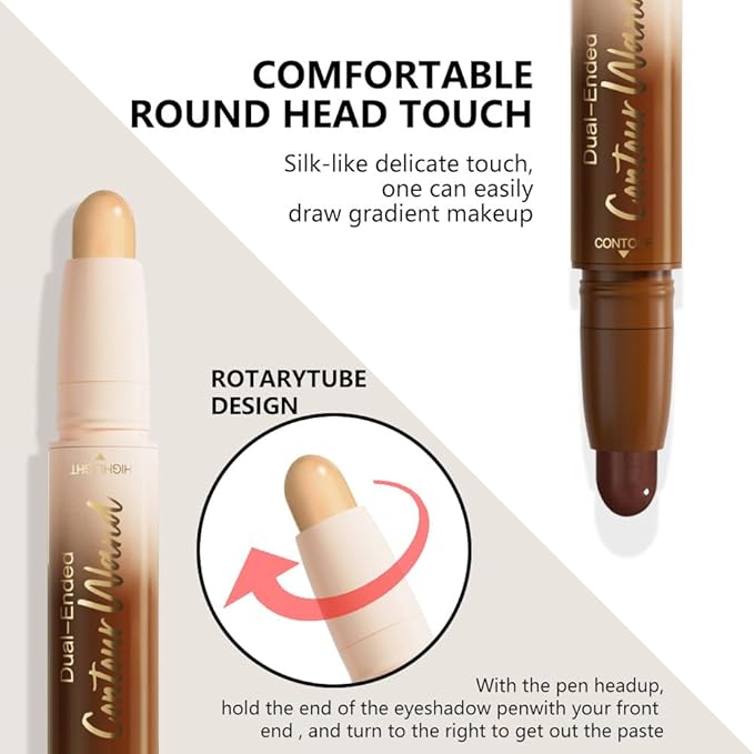 FeiCuiYun 2Pcs Dual-Ended 2-in-1 Cream Contour & Highlighter Stick Makeup For Face & Body – Waterproof, Long-Lasting, Suitable for All Skin Tones, (02+04)
