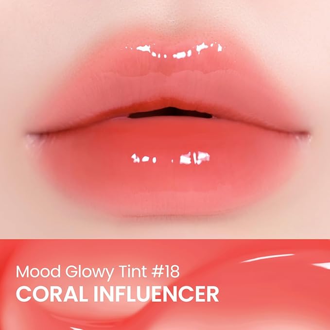 Peripera Mood Glowy Tint, Watery Glow Finish, Buildable Fresh Color, Lightweight, Long-Lasting, Non-Sticky, Korean Lip Tint (18 CORAL INFLUENCER)