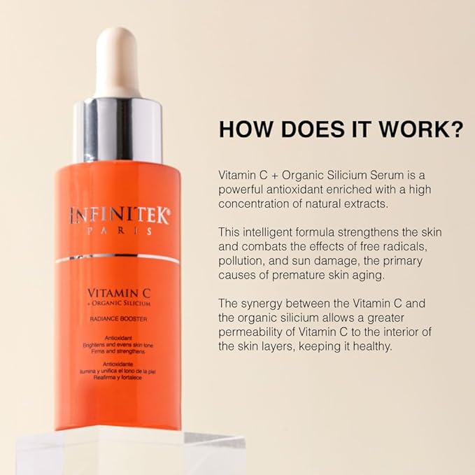 Infinitek Paris Vitamin C Facial Serum | With Organic Silicon & Ferulic Acid | Brightening Face Skincare Essential for a Smoother, Luminous Complexion | 1 fl oz / 30 ml