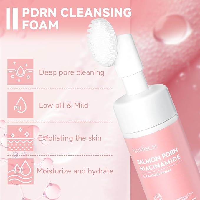 FluMisch Salmon DNA PDRN Facial Cleanser | Low pH Hydrating Daily Foaming Face Wash with Soft Massage Heads | PDRN, Collagen & LHA | Gentle Pore Care & Radiant, Balanced-Looking Skin | 4.23 oz