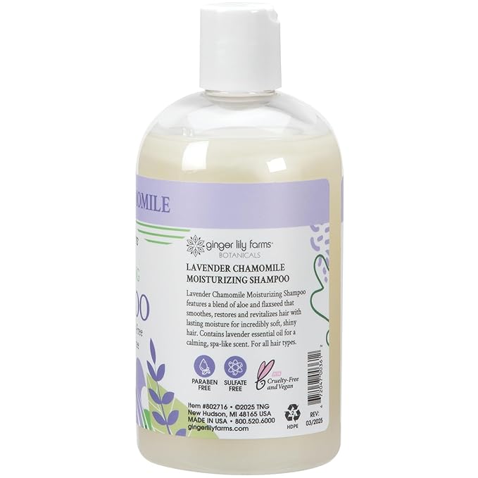 Ginger Lily Farms Botanicals Moisturizing Shampoo for All Hair Types, 100% Vegan & Cruelty-Free, Lavender Chamomile Scent, 12 Fl Oz