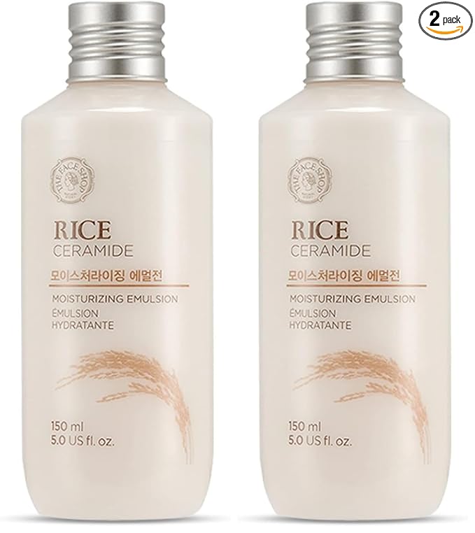 The Face Shop Rice Ceramide Moisturizing Emulsion, Hydrating with Rice Water, Targets Dryness, Strengthens Skin Barrier, Lightweight, Korean Skin Care, 5.0 fl. oz. (Pack of 2)