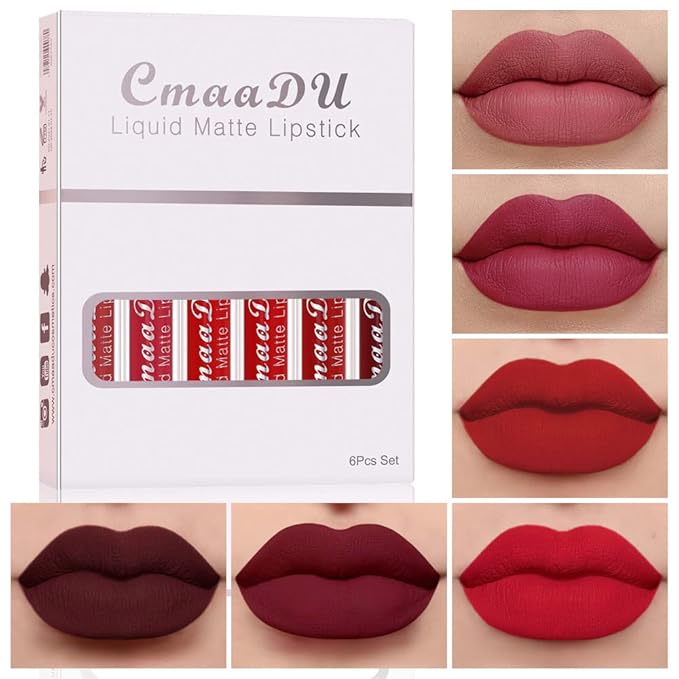 evpct 6Pcs Liquid Matte Lipstick Lipgloss Set for Women, Dark Deep Bright Ruby Blood Brick Plum Mauve Rose Red labiales mate 24 horas originale matte larga duracion 24 Hour Lipstick Long Lasting