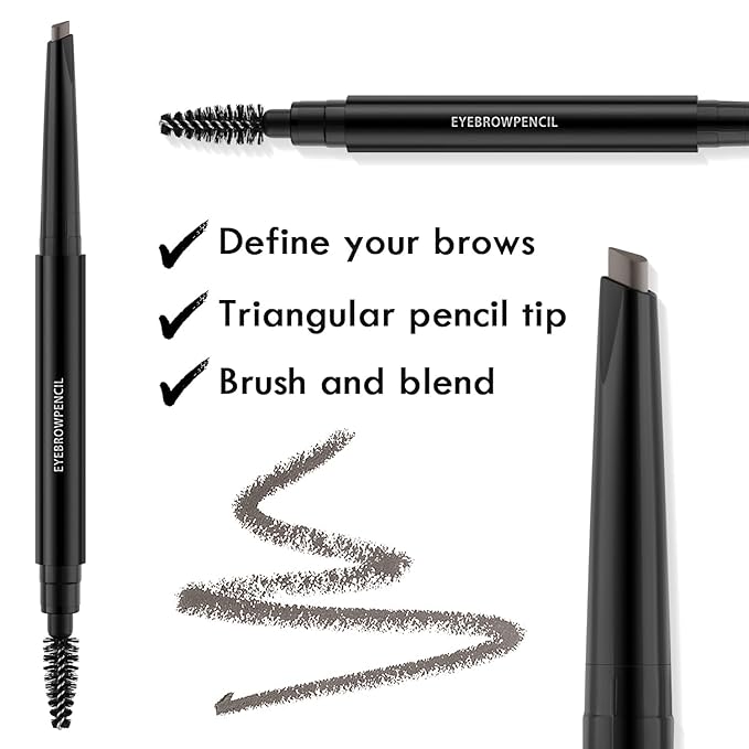 Eyebrow Pencil - Makeup Waterproof Brow Pencil with Triangular Tip, Dual-Sided Brow Brush, Precise, Fine Tip, Fills Brows Creates Natural Looking Brow, with Hair Clips - Gray