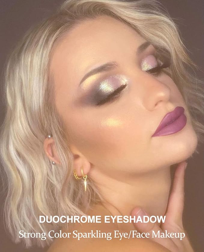 Afflano Single Purple-Gold Eyeshadow Shimmery, Duo Chrome Multichrome Eyeshadow Purple, Holographic Glitter Eye shadow, Color Change Sparkle Chameleon Eye shadow Luminizer Highlighter Makeup