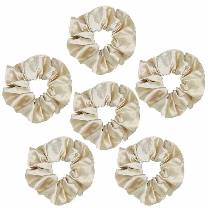 6 Pcs Satin Silk Scrunchies: Soft Hair Ties, Bows, Elastics, and Ponytail Holders for Women and Girls (4.3 inch, Light Gold)
