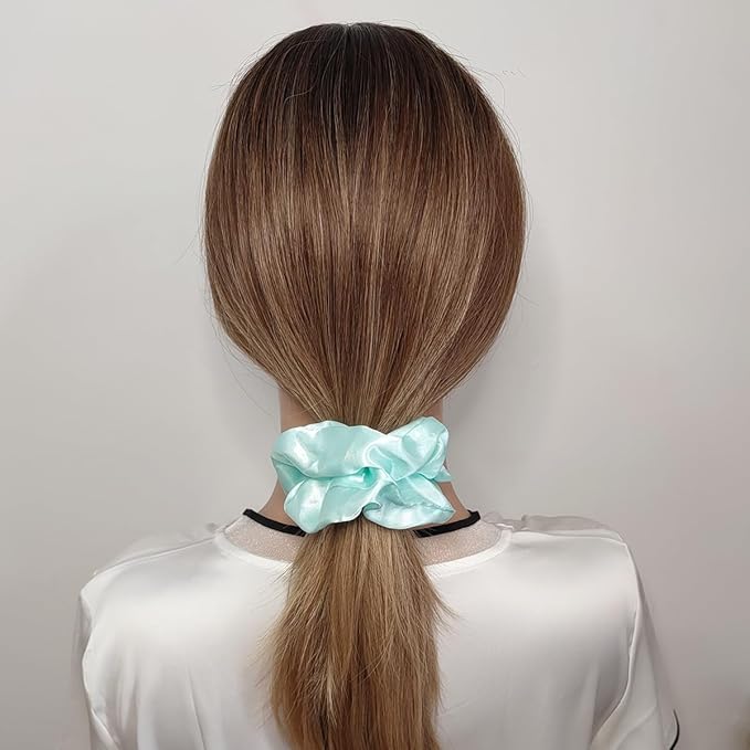 12 Pcs Satin Silk Scrunchies Soft Ties Fashion Bands Bow Ropes Elastic Bracelets Ponytail Holders Accessories for Women and Girls (4.5 Inch, Blue Green)