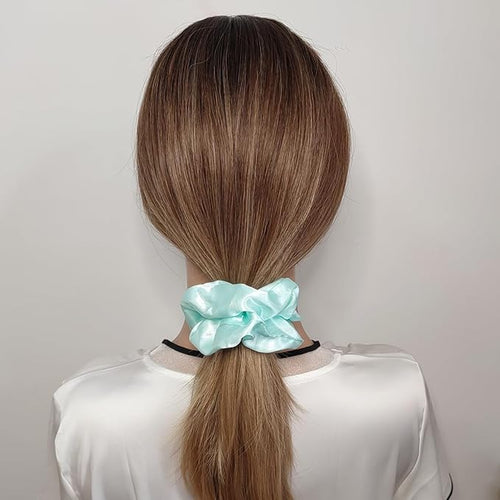 12 Pcs Satin Silk Scrunchies Soft Ties Fashion Bands Bow Ropes Elastic Bracelets Ponytail Holders Accessories for Women and Girls (4.5 Inch, Blue Green)