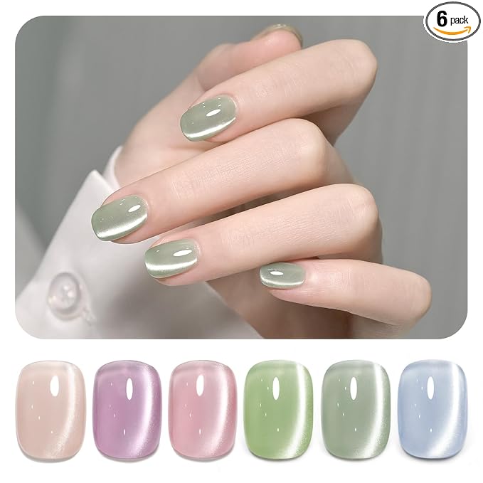 GAOY Cat Eye Gel Nail Polish Set with Magnet for Green Blue Pink Glitter Holographic Cat Eye, Salon Gel Manicure and Nail Art DIY at Home, Minty Fresh