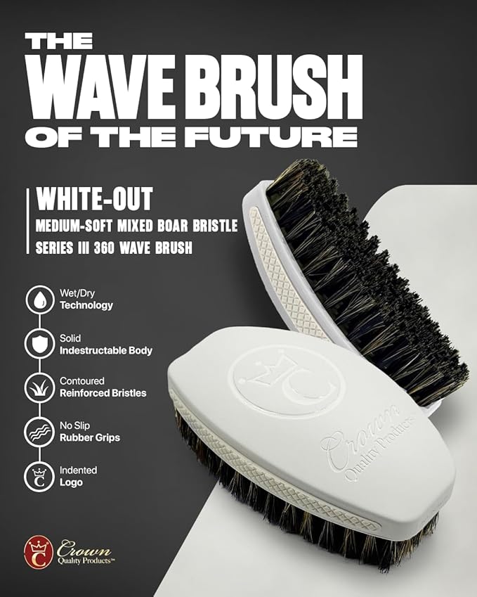 New WHITE-OUT Premium Wave Brush - MEDIUM SOFT- Boar Bristle Hairbrush, Non-Slip Grips, Waterproof Design, Indestructible body, Satin Finish, Debossed Logo - The Ultimate Curved 360 Wave Brush