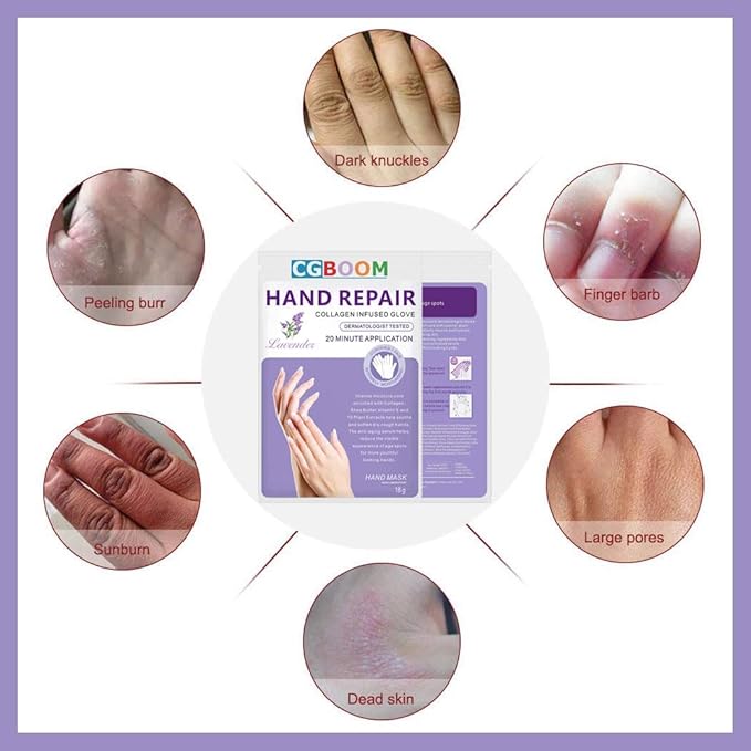 CGBOOM 3 Pairs Hand Masks Moisturizing Gloves, Hand Skin Repair Renew Mask Infused Collagen, Vitamins + Natural Plant Extracts for Dry, Aging, Cracked Hands (Lavender)