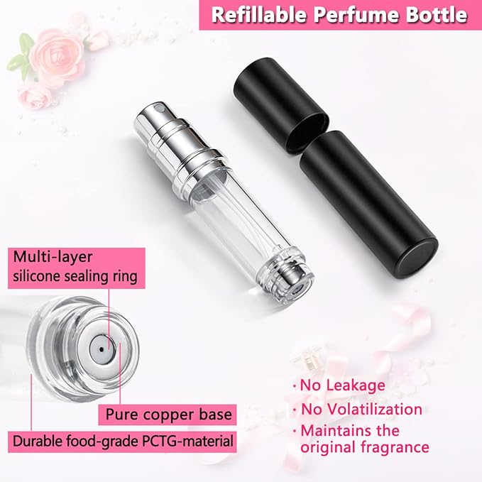 Travel Perfume Bottle Refillable Atomizer - 5ML Pocket Perfume Dispenser, Leakproof Portable Perfume Sprayer (Black & Rose Gold)