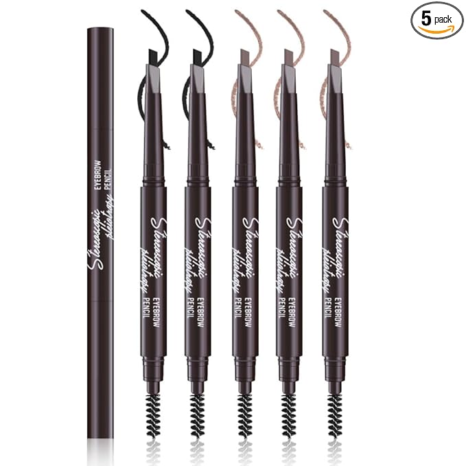 WanTuoluo Black Ultra-Fine Tip Eyebrow Pencils Pack for Women, 5Pcs Mechanical Precise Brow Pencil with Brush,Draws Tiny Brow Hairs, Defines, Fills Brows, Shapes, Contours, Combs, Waterproof (SET36-9)