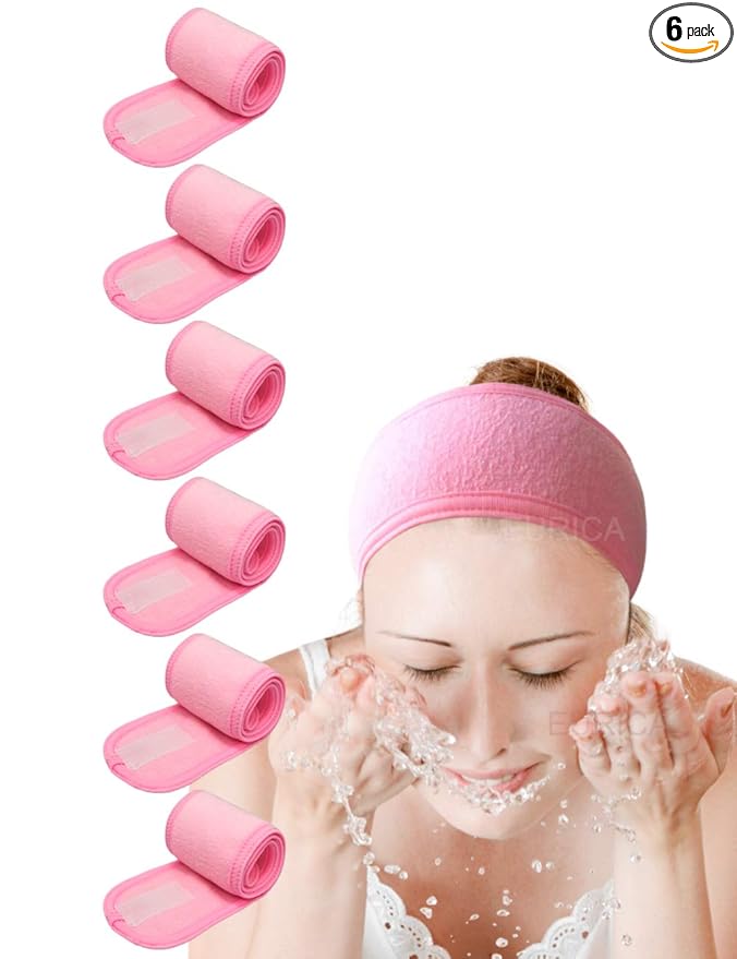 EUICAE Spa Headband Pack of 6 All Pink Sweat Head Towels - Non-slip, Stretchable, Washable Makeup Headbands for Face Wash, Facial Treatment, Sports