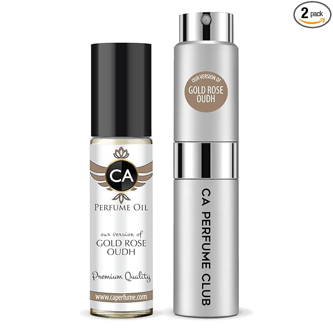 CA Perfume Duo Impression of Gold Rose Oudh For Women And Men Perfume Layering Set Long Lasting Travel Size EDP + Body Oil Roll-On Bottle 0.27 Fl Oz+0.33 Fl Oz