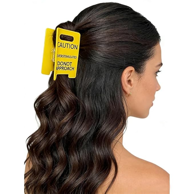 2PCS Excessive stimulation warning symbol hair clip, big yellow warning hair clip, persist partner I overstimulate, fun strong claw clamp (pink,yellow) large size