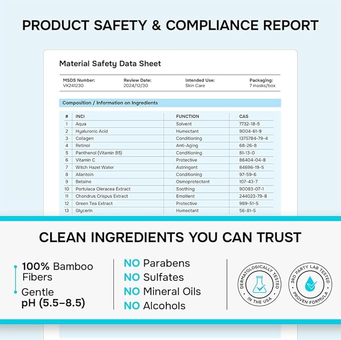 SimplyVital Collagen Facial Mask with Retinol & Hyaluronic Acid - Hydrating Face Masks Skincare - T Line & V Line Sheet Mask for Women Skin Care - Mascarillas Para la Cara - Cloth Face Masks - 7 Pack