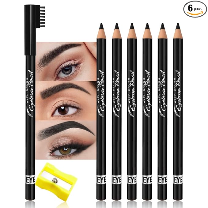 6Pcs Eyebrow Pencils for Women, Wooden Hard-Core Eyebrow and Eyeliner Pencil, Long Lasting Waterproof and Sweat-Proof, Beginner Makeup Brow Pencil With Eyebrow Brush and Pencil Sharpener (Black, 6Pcs)