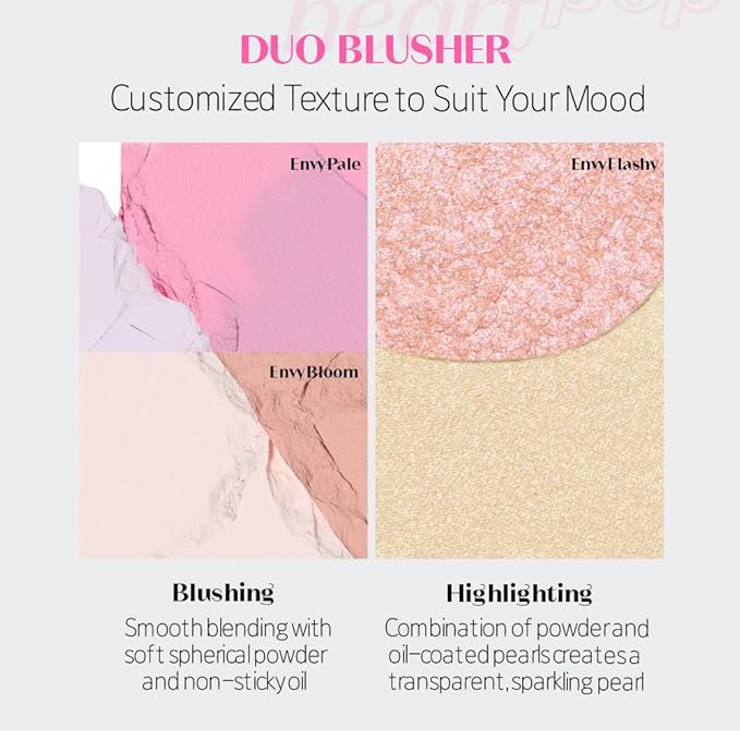 ETUDE Heart Pop Duo Blush, Soft Glow Cheek Colors, Natural Highlight & Glossy Finish, Lightweight Dual-Tone Formula, Korean Makeup Artist Collab, Compact 0.2 oz – Envy Flash