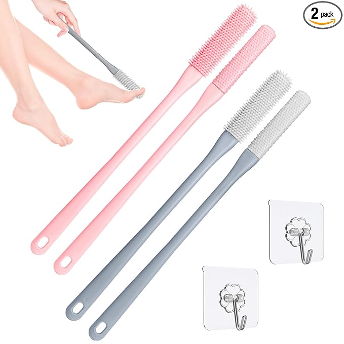 4Pcs Toe Cleaning Brush,Foot Scrubber for Shower with 15.7" Long Handle Soft Silicone Cleaning Shower Brush Foot Care for Seniors,Elderly, Men and Women (2 Sets)