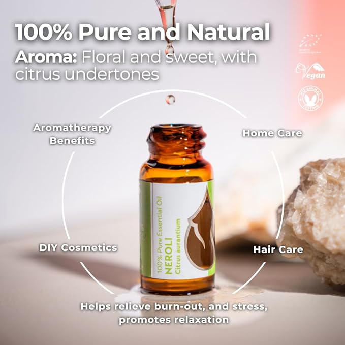 Essences Bulgaria Organic Neroli Essential Oil 0.1 Fl Oz | 3ml | Citrus aurantium | 100% Pure and Natural | Undiluted | Therapeutic Grade | Aromatherapy | Cosmetics | Cruelty Free | Non-GMO | Vegan