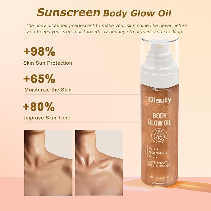 Xiuxixu Sunscreen Body Glow Oil,Broad Spectrum SPF 45,Glitter Shimmer Oil with Sequin Mica,Lightweight Non Sticky Sunscreen with Zinc Oxide Sun-kissed Skin Moisturizer,Beach Essentials (#03 Amber)