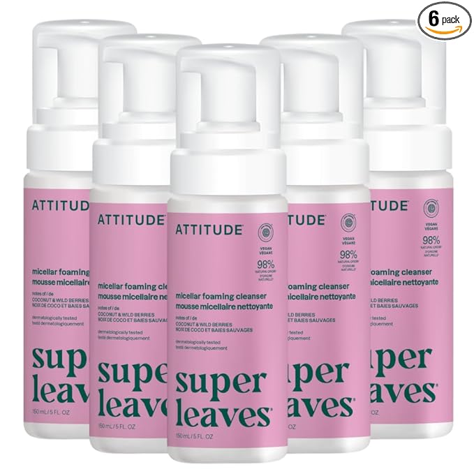 ATTITUDE Micellar Foaming Facial Cleanser, EWG Verified, Dermatologically Tested, Plant and Mineral-Based, Vegan, Coconut & Wildberries, 5 Fl Oz (Pack of 6)
